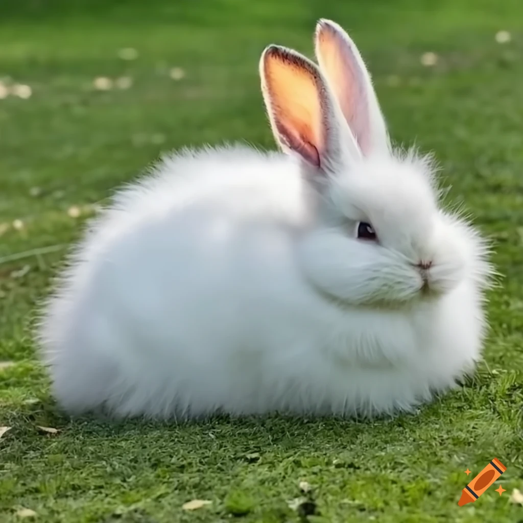Fluffy white French Angora bunny relaxing on green grass