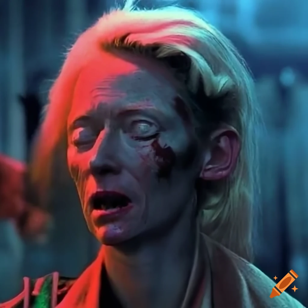 Expressive closeup of Tilda Swinton as a fighter in an 80's movie scene
