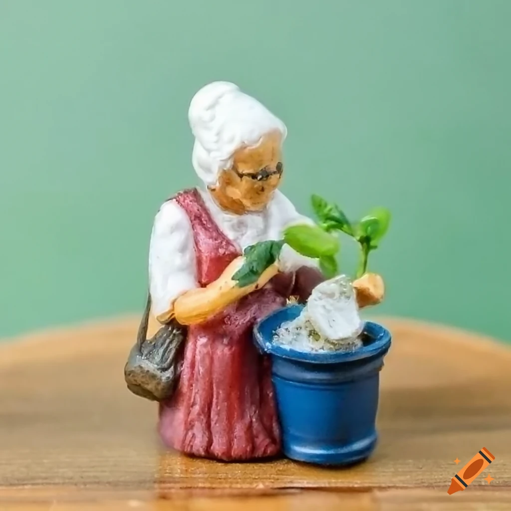 Miniature diorama of an old woman watering potted plants