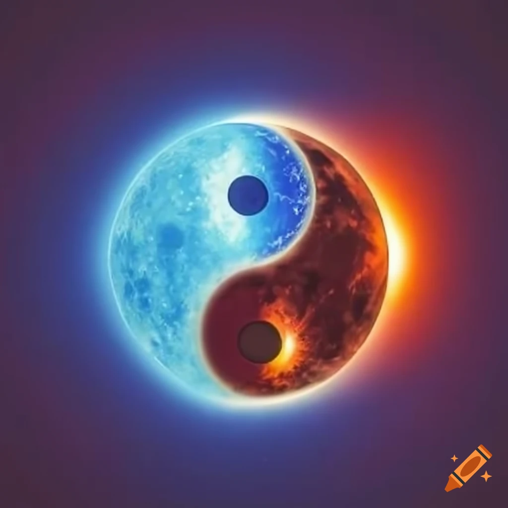 Yin yang symbol with fiery sun and cool blue moon
