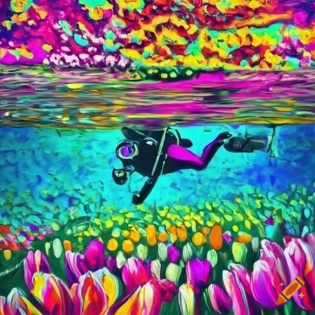Underwater painting of a scuba diver surrounded by blooming tulip fields with vibrant colors