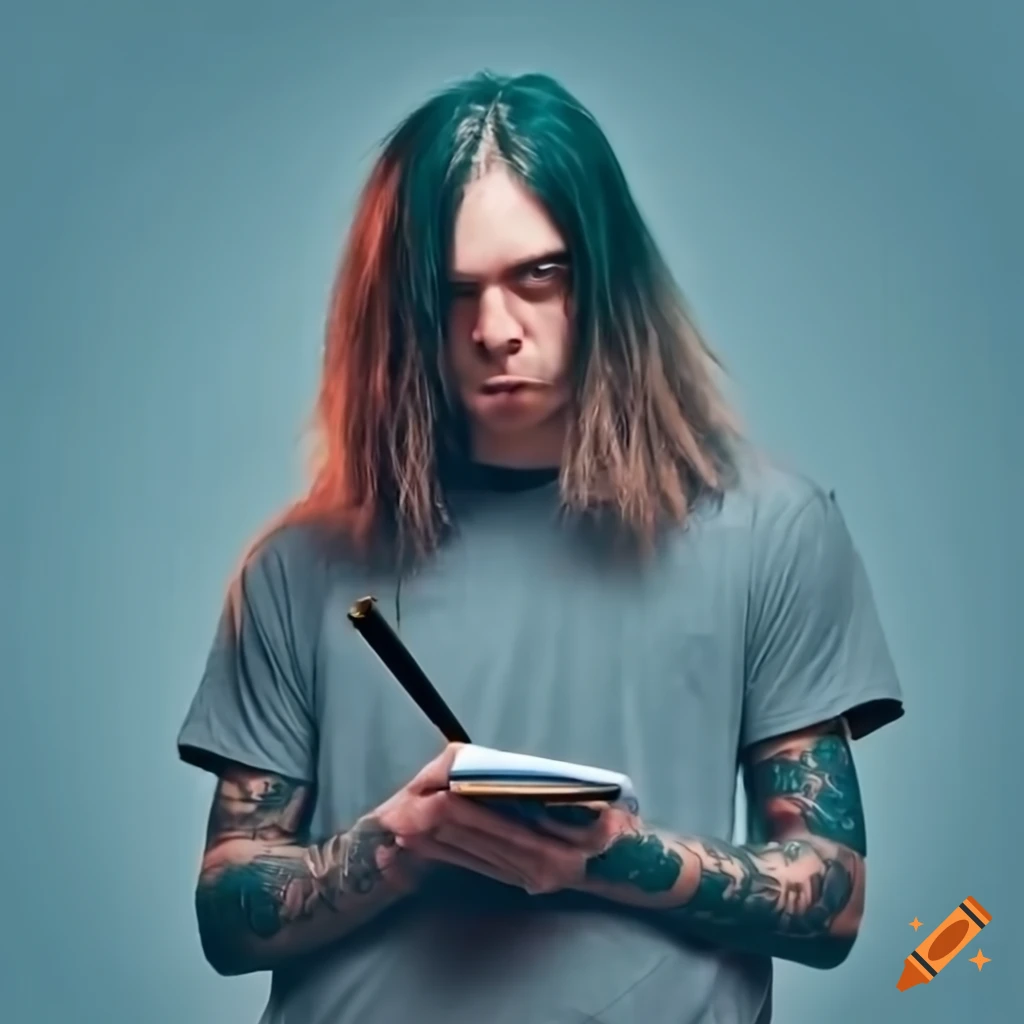 Rapper writing in notebook with cigarette in mouth, long hair, and tattoos