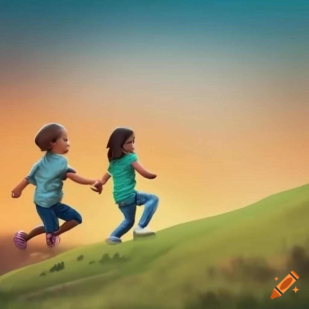 Two happy children running uphill