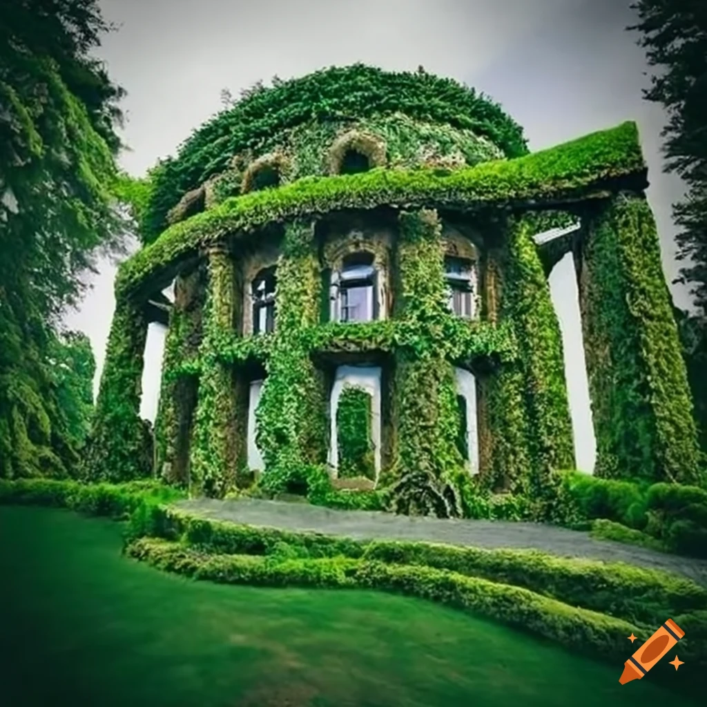 Tall moss-covered fantasy building with helical staircase