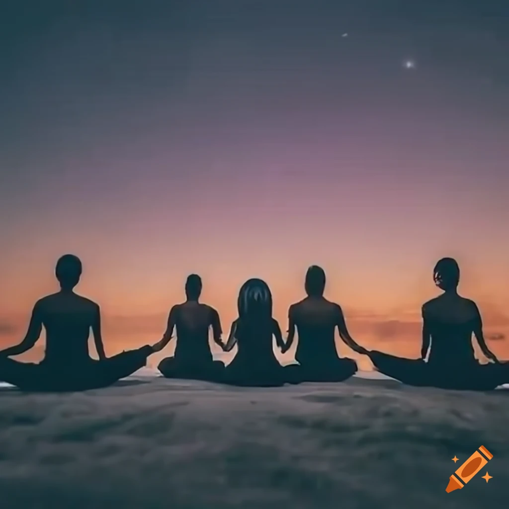 Group of people meditating in front of a dreamy landscape