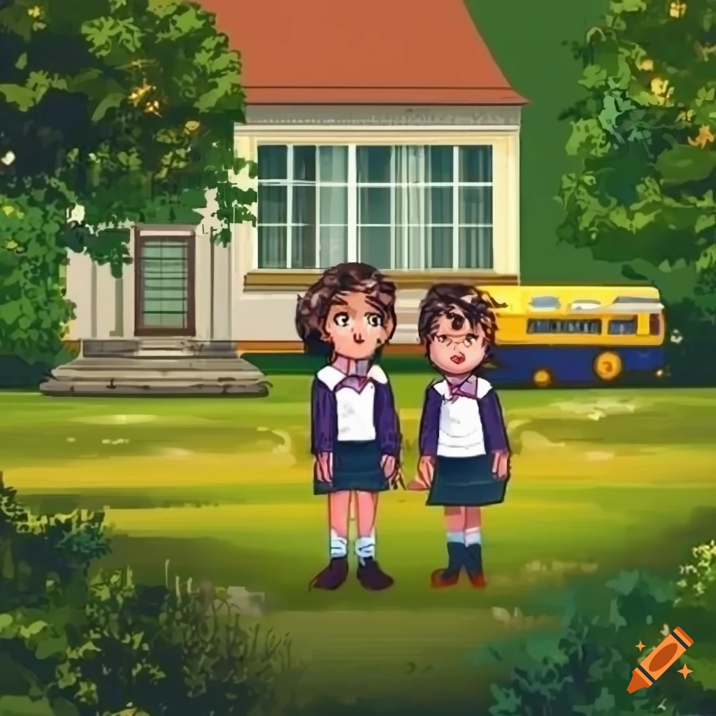 Two children in school dress waiting for the bus outside a house with trees and a well