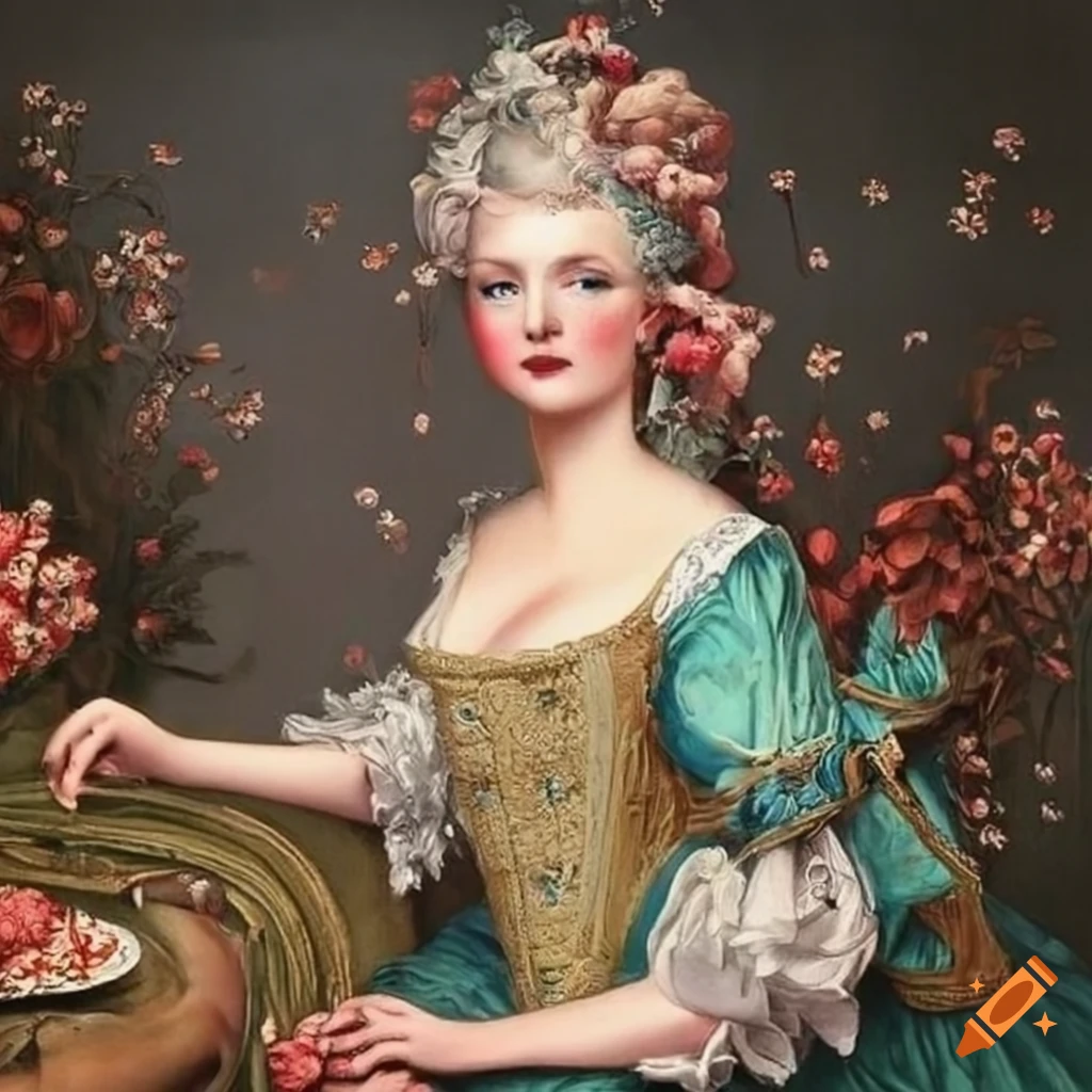 Art piece of rococo-era maiden surrounded by wildflowers and fruits