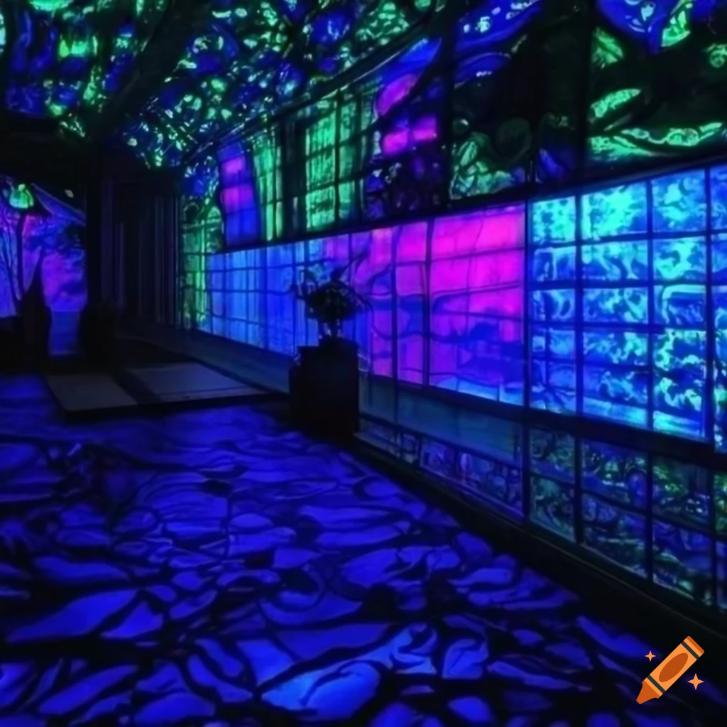 Backlit blacklight translucent marbled glass greenhouse interior in HD 3D