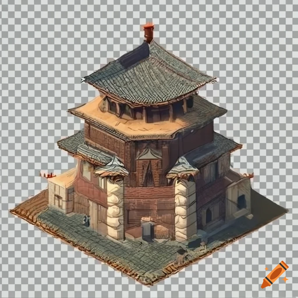 Medieval Asian stronghold in isometric 2D view on transparent background