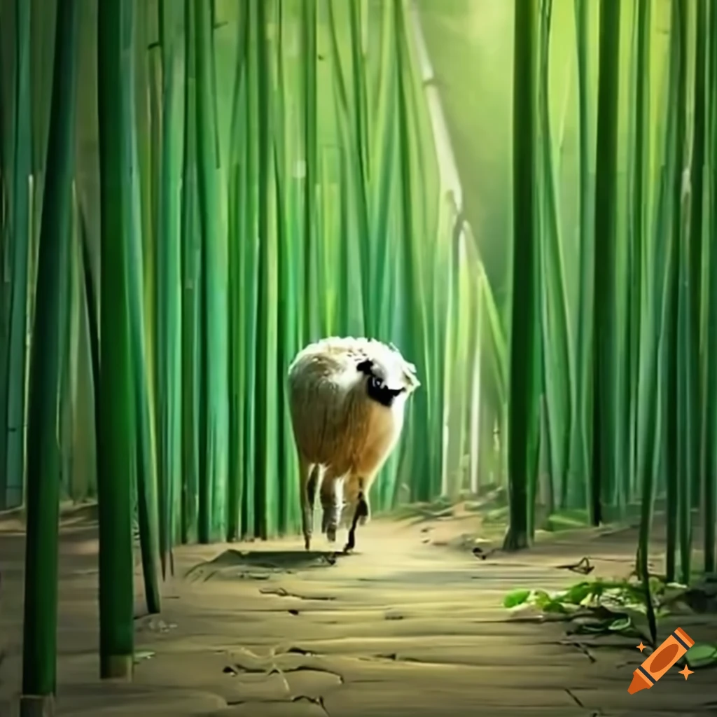 Sheep walking through a bamboo forest