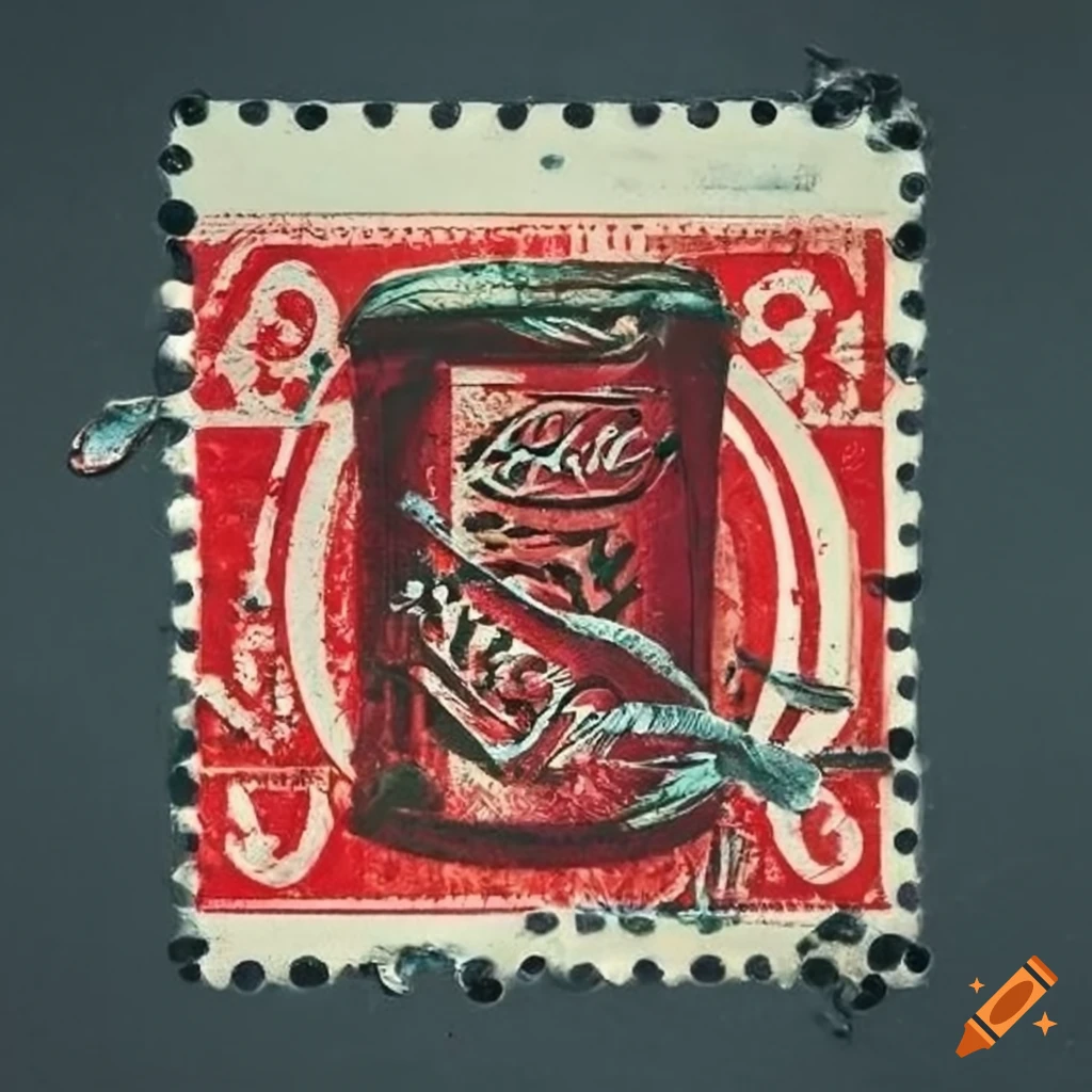 Indonesian folk art postage stamp with damaged coke can, flies, and ants