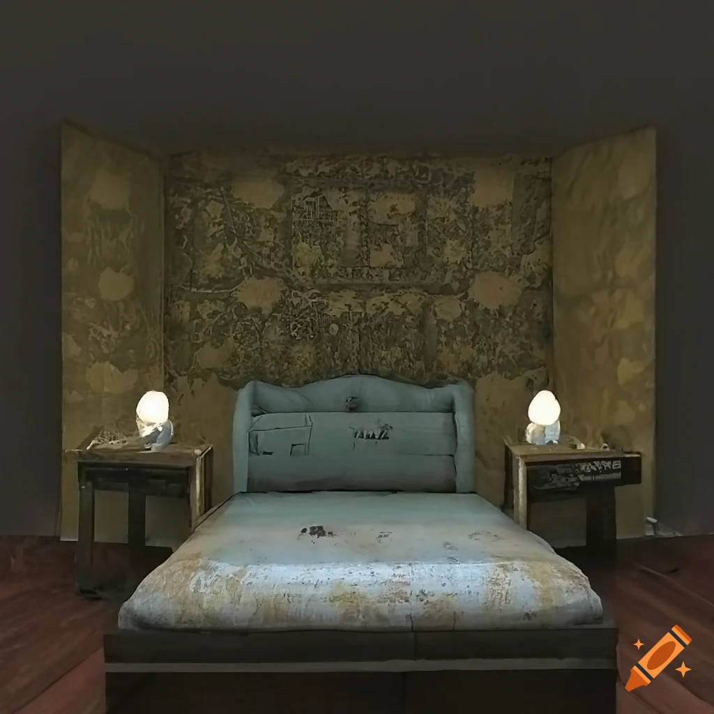 Old miserable room with dusty bed, cheesy wallpaper, and moldy traces