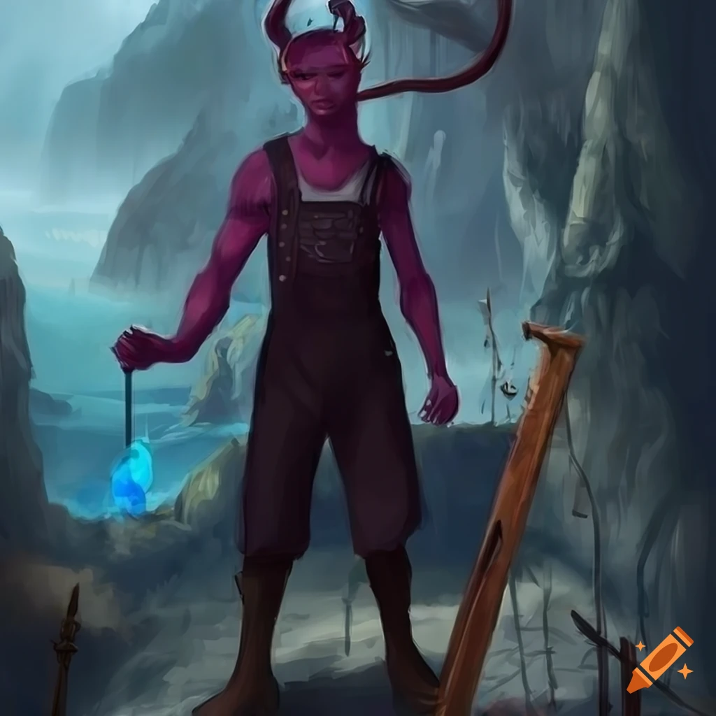 Young attractive male tiefling painting landscape in fantasy art style