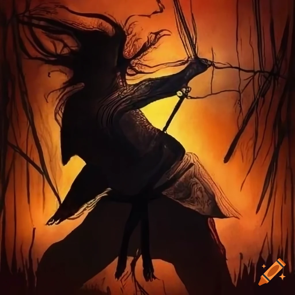 Kyokushin warrior in a bamboo forest at sunset in Japan, Yoshitaka Amano style