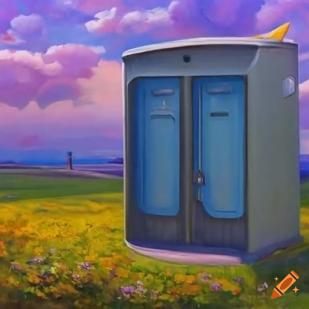 Unusual painting of a chemical toilet booth in a field of wildflowers under sunlight