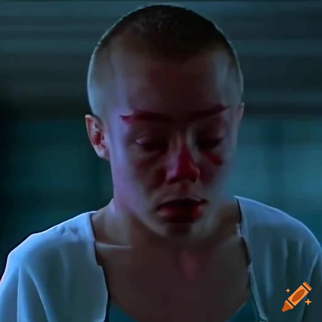 Closeup of emotive female fist fighter from 80's movie, bruised and exhausted