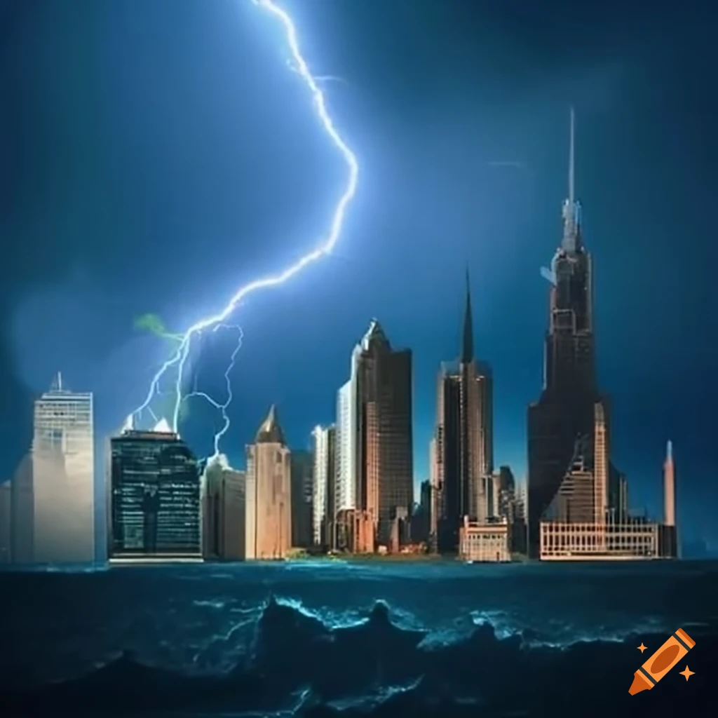 Great recession with thunderstorm, hurricane, tall buildings, and falling stocks