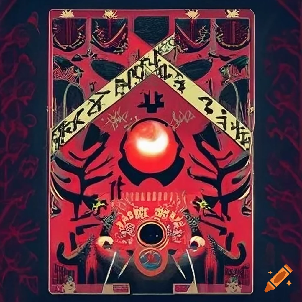 Vintage Soviet Tarot Card poster with intricate background of Norse Runes in red copper, white gold, and black lacquer