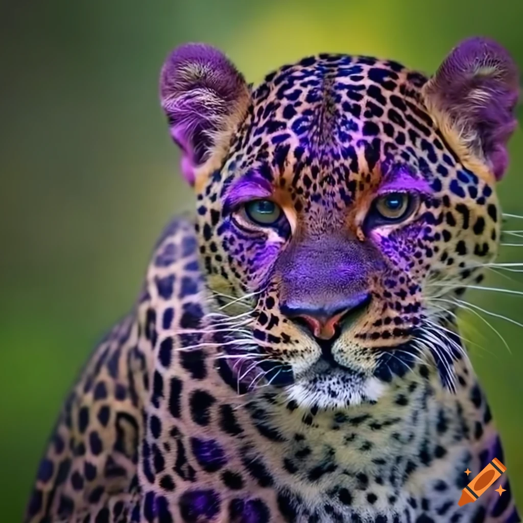 Unique purple leopard in lush rainforest with sharp focus on Craiyon