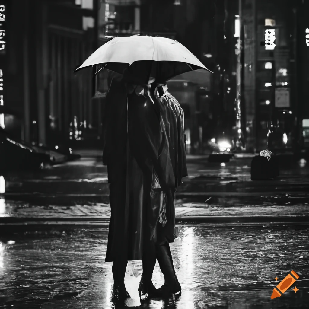 Men with umbrella in rainy Tokyo night