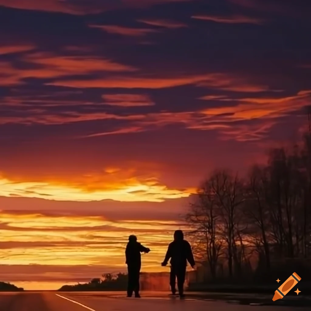 Couple walking on a highway at sunset with dramatic cloudy sky