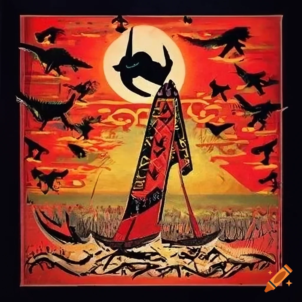 Vintage Soviet Tarot Card poster with intricate background of Norse Runes in red copper, white gold, and black lacquer
