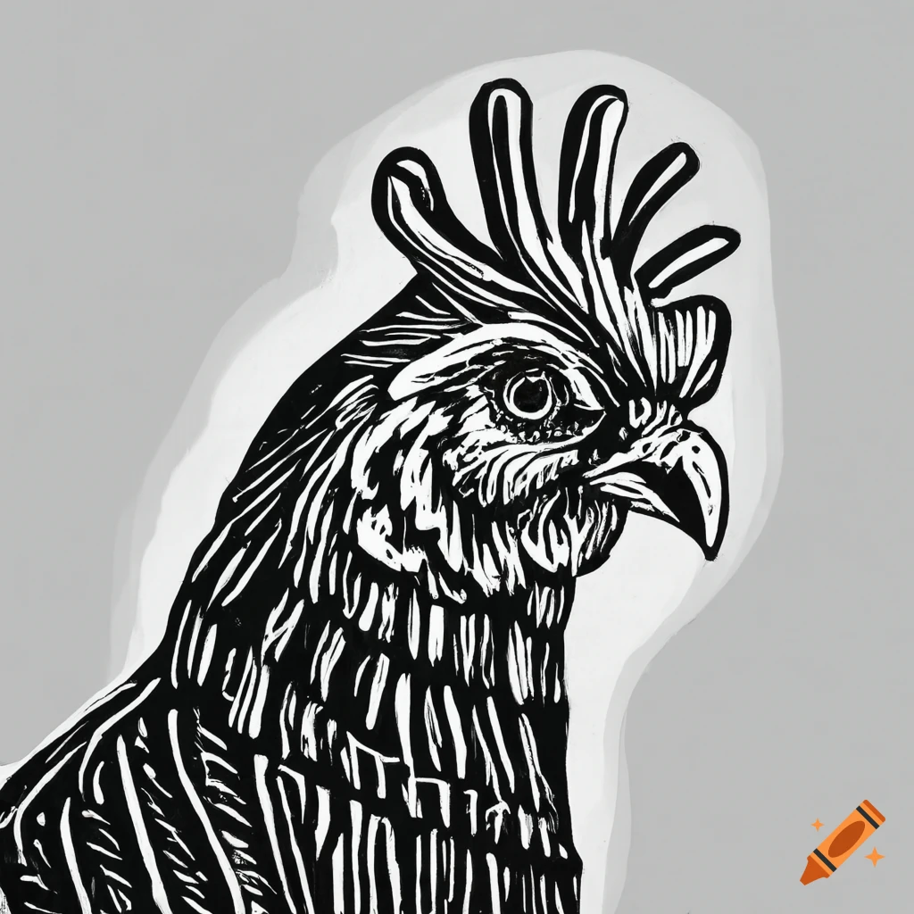 Chicken wearing a knit sweater in a unique linocut style