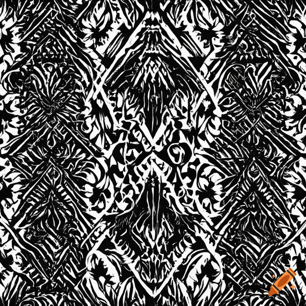 Traditional woodcut print with Filipino tribal water-inspired motifs in black and white