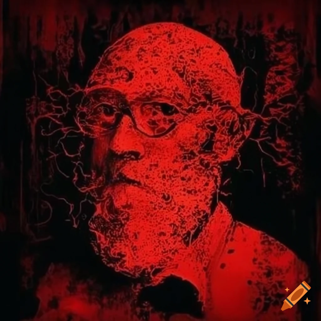 Red and black stencil art depicting baffled scientists