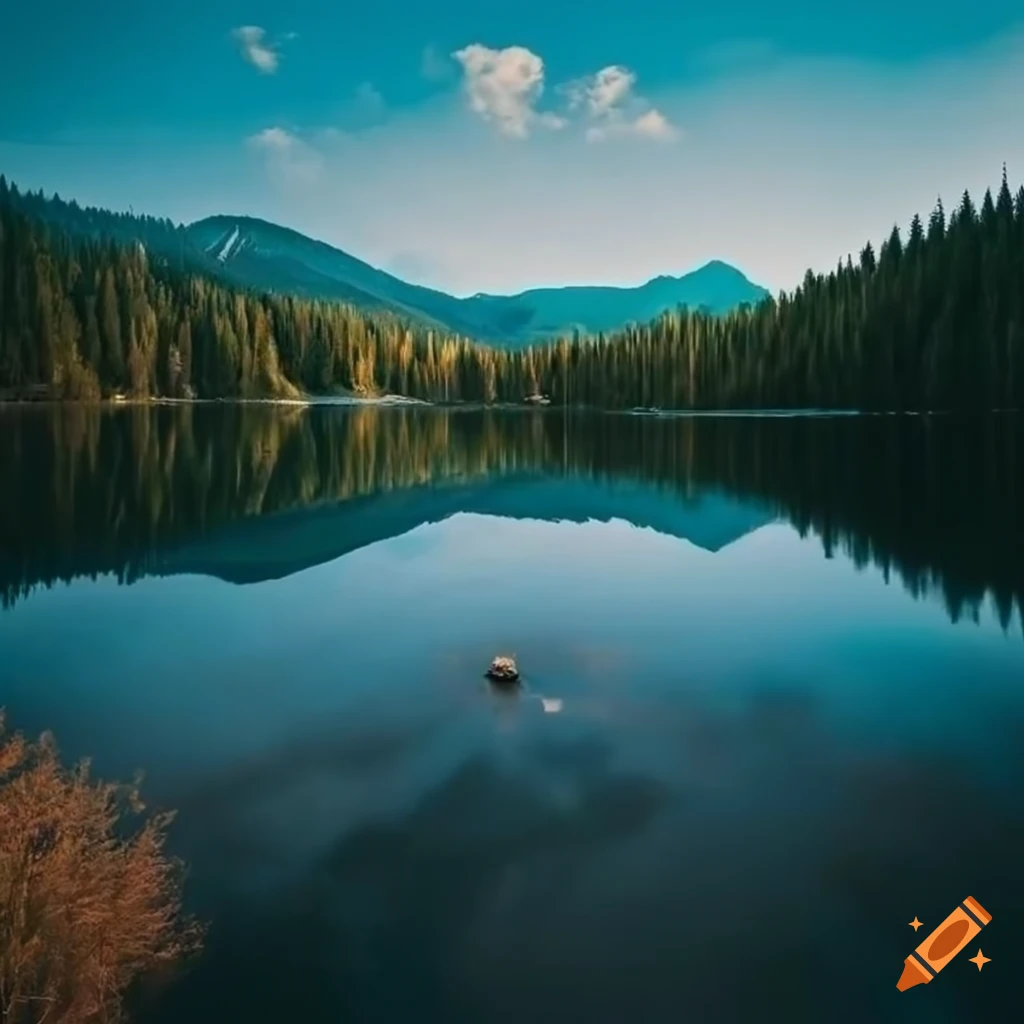 Dreamlike landscape of a serene mountain lake in vibrant Catppuccin Frappe colors
