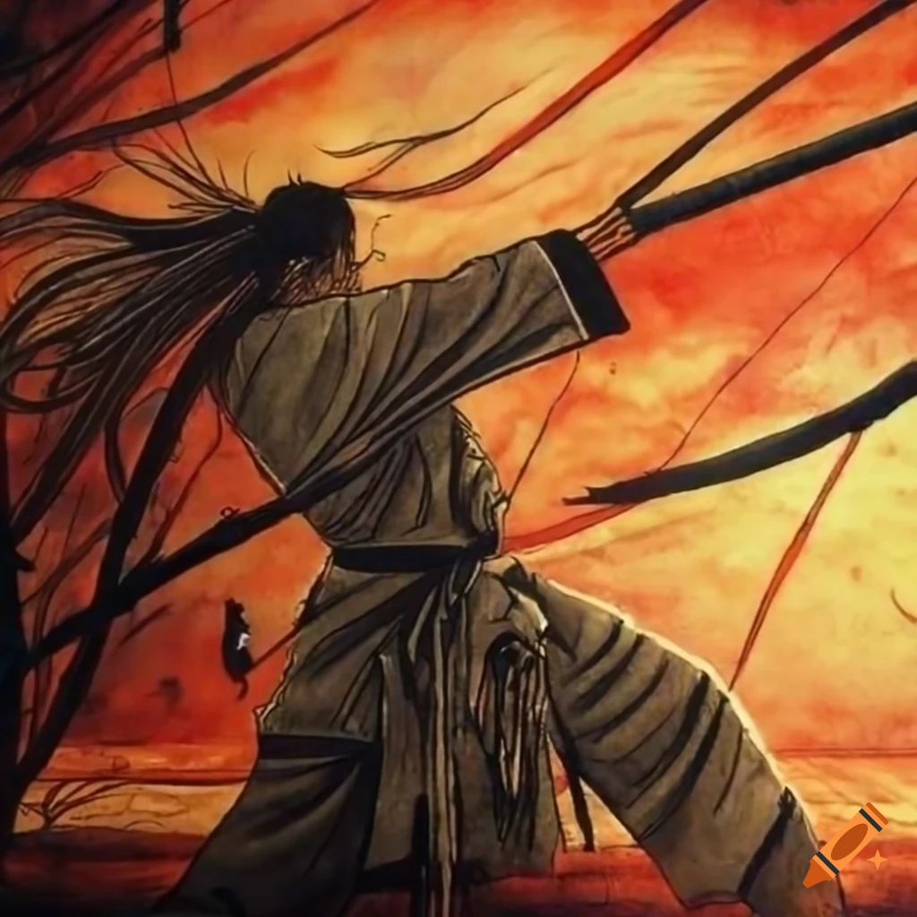 Kyokushin warrior at sunset in a bamboo forest with Japanese art style