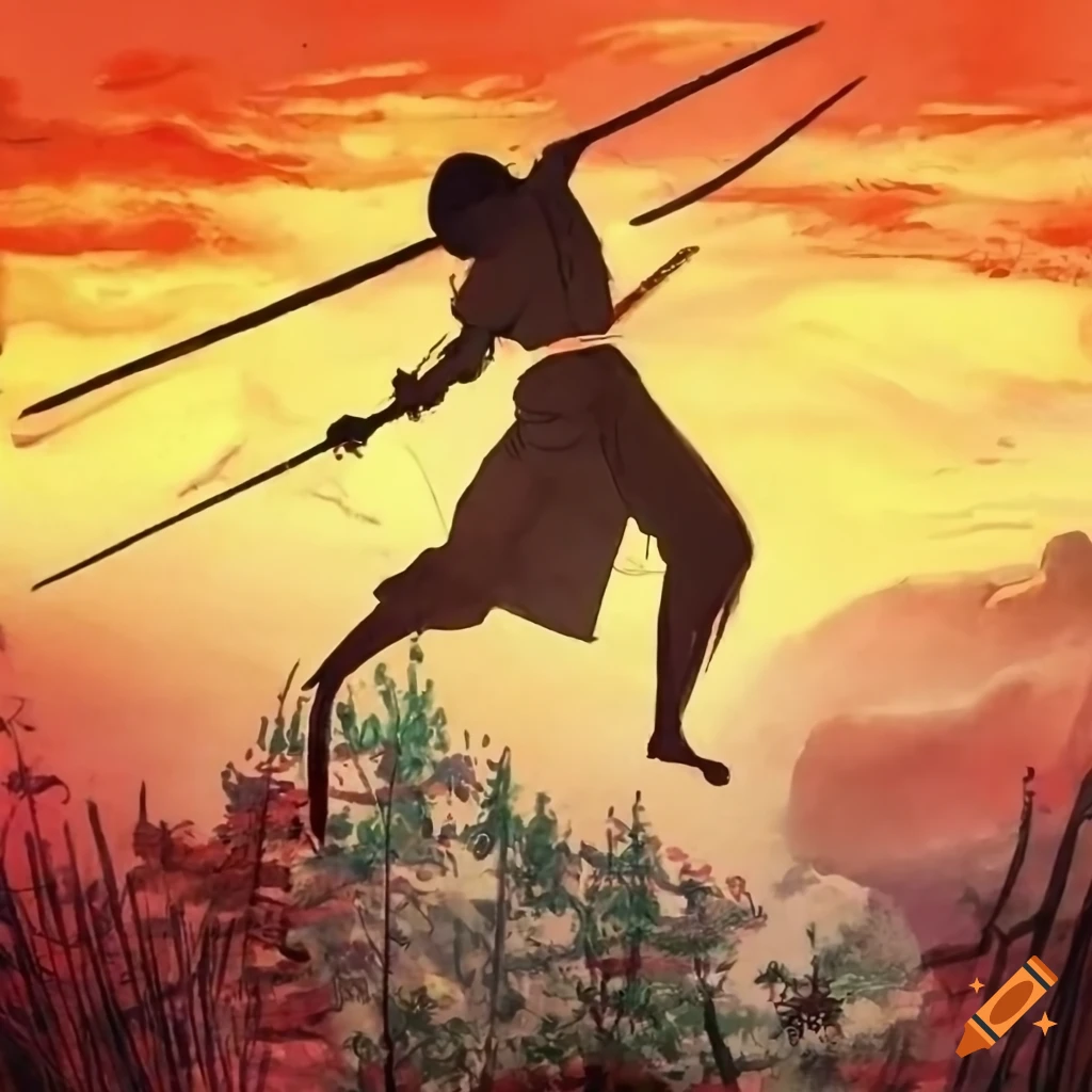 Kyokushin warrior at sunset in a bamboo forest in Japan - Yoshitaka Amano style
