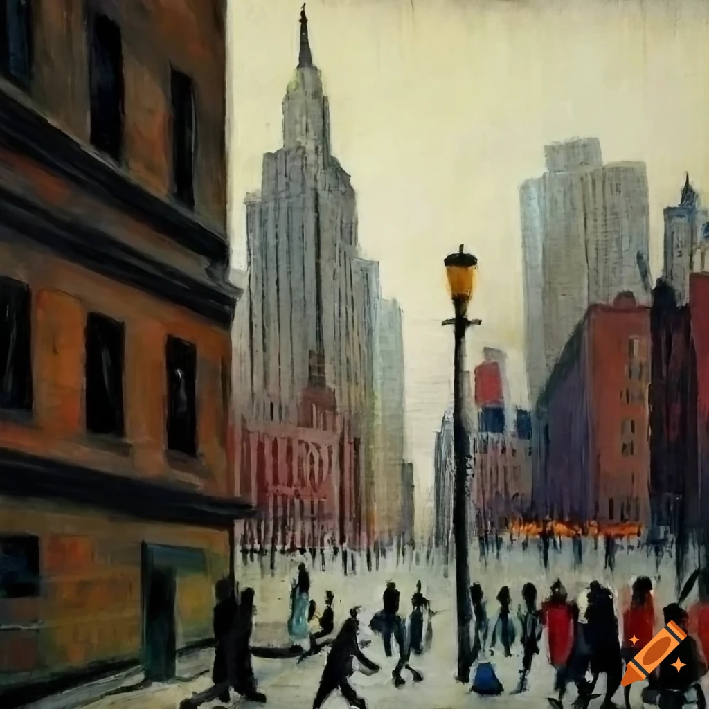 Whimsical, detailed Lowry-esque art of famous New York City landmarks