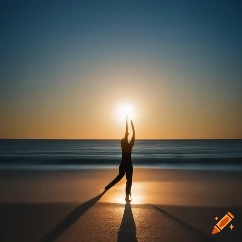 Man gracefully performing a sun salutation in a scenic outdoor setting