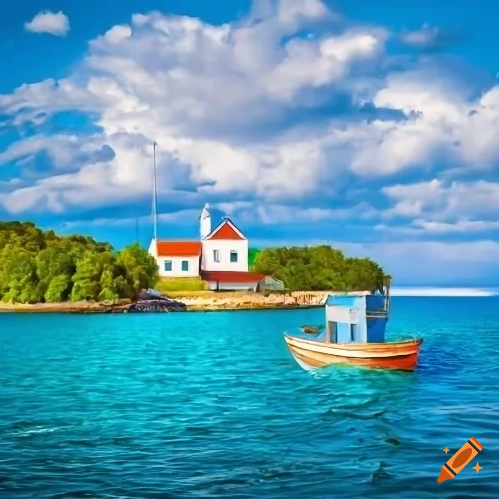 Gorgeous island view with traditional houses and colorful fishing boats