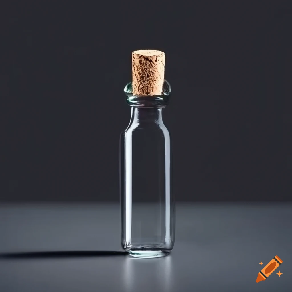 Glass vial with wooden cork on black background