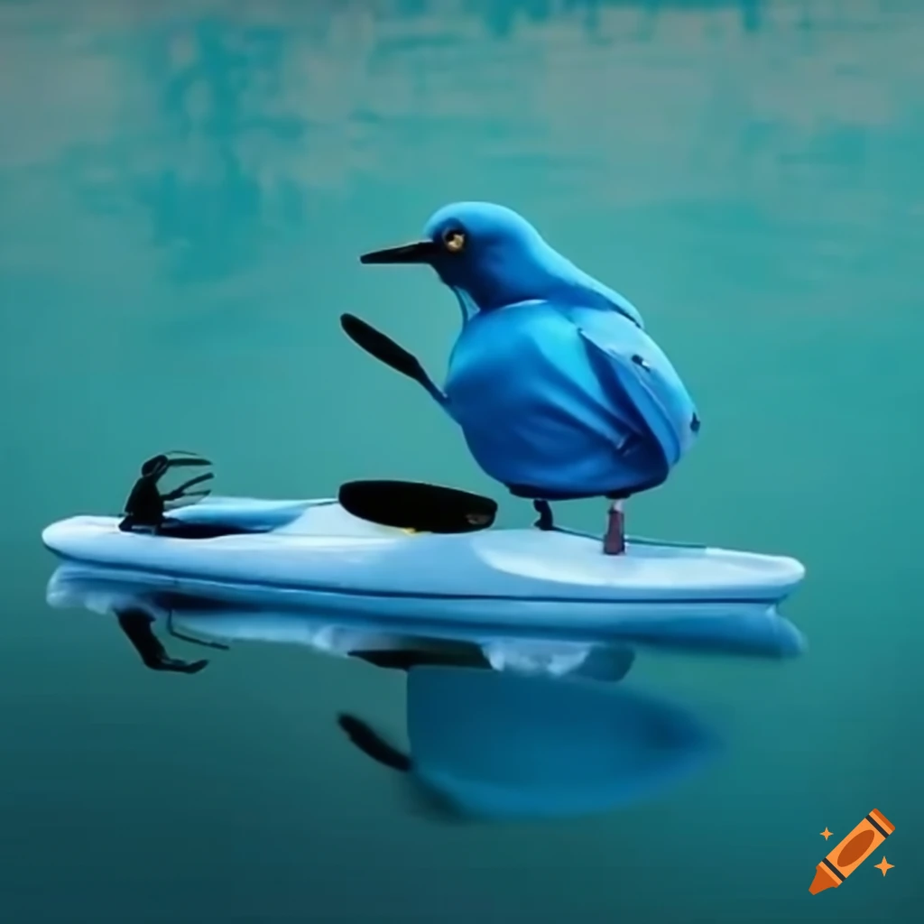 Blue bird paddling a kayak on a lake