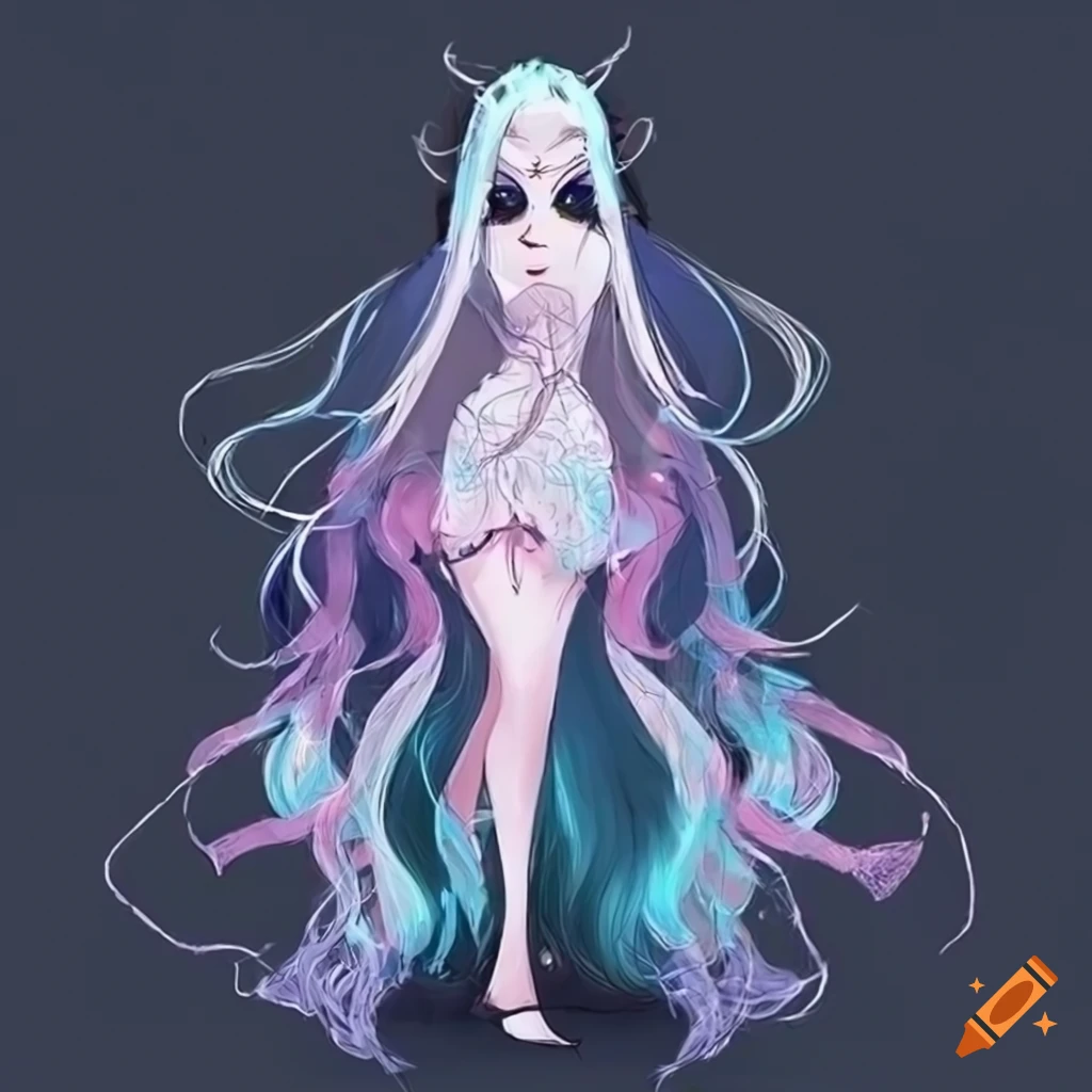 Ghost girl full body character design with unique hair and ethereal fashion