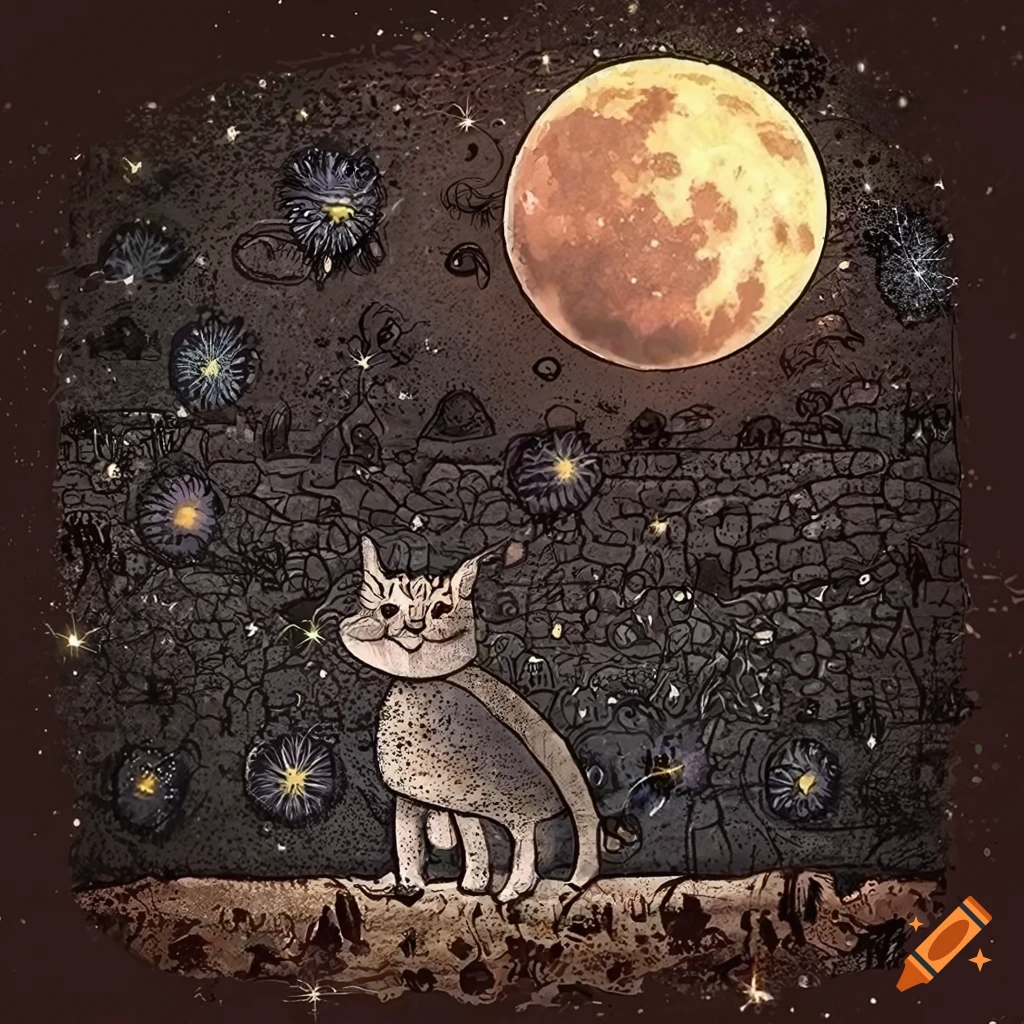Whimsical hand-drawn cat on a wall under a moonlit sky with stars