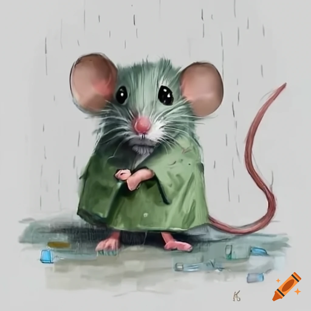 Adorable mouse in a sage green raincoat in the rain