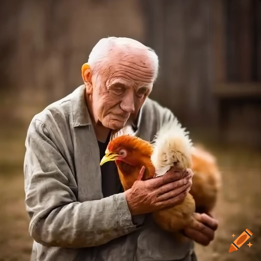 Elderly man happily playing with fluffy chickens on a farm