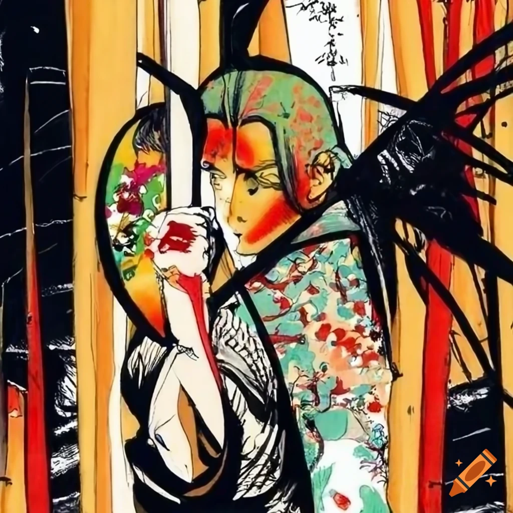 Kyokushin warrior in a bamboo forest at sunset in Japan, Yoshitaka Amano style