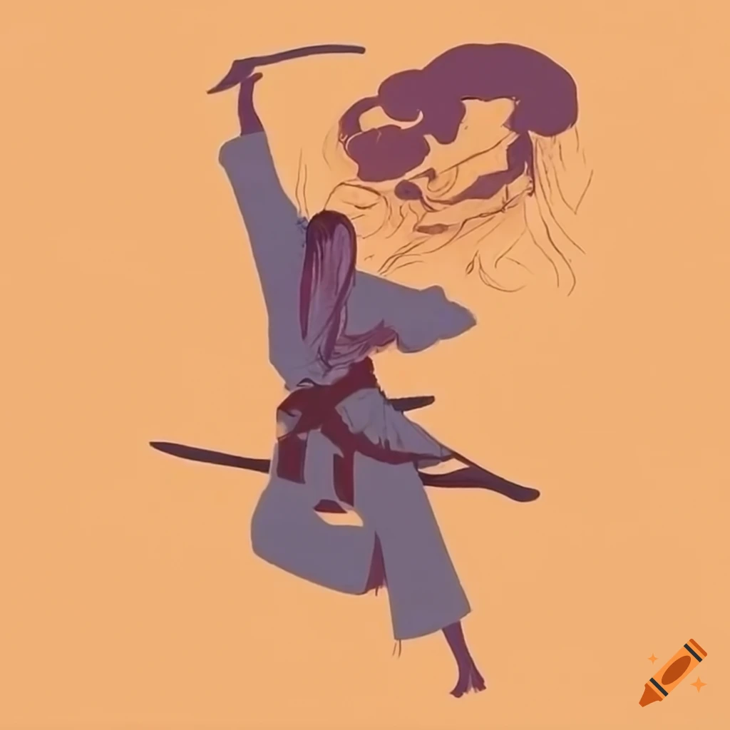 Kyokushin warrior in bamboo forest during sunset in Yoshitaka Amano style