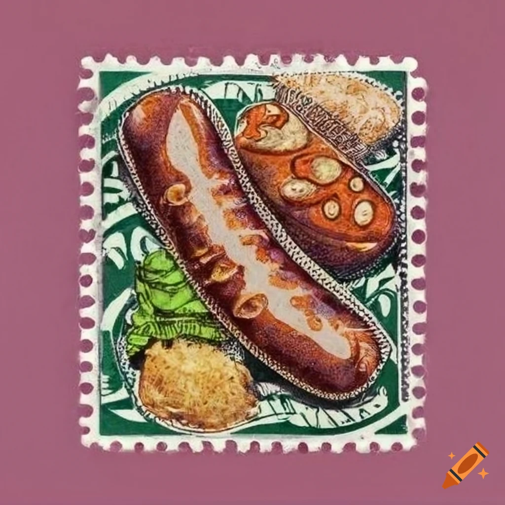 Polynesian tribal inspired postal stamp with bratwurst and sauerkraut