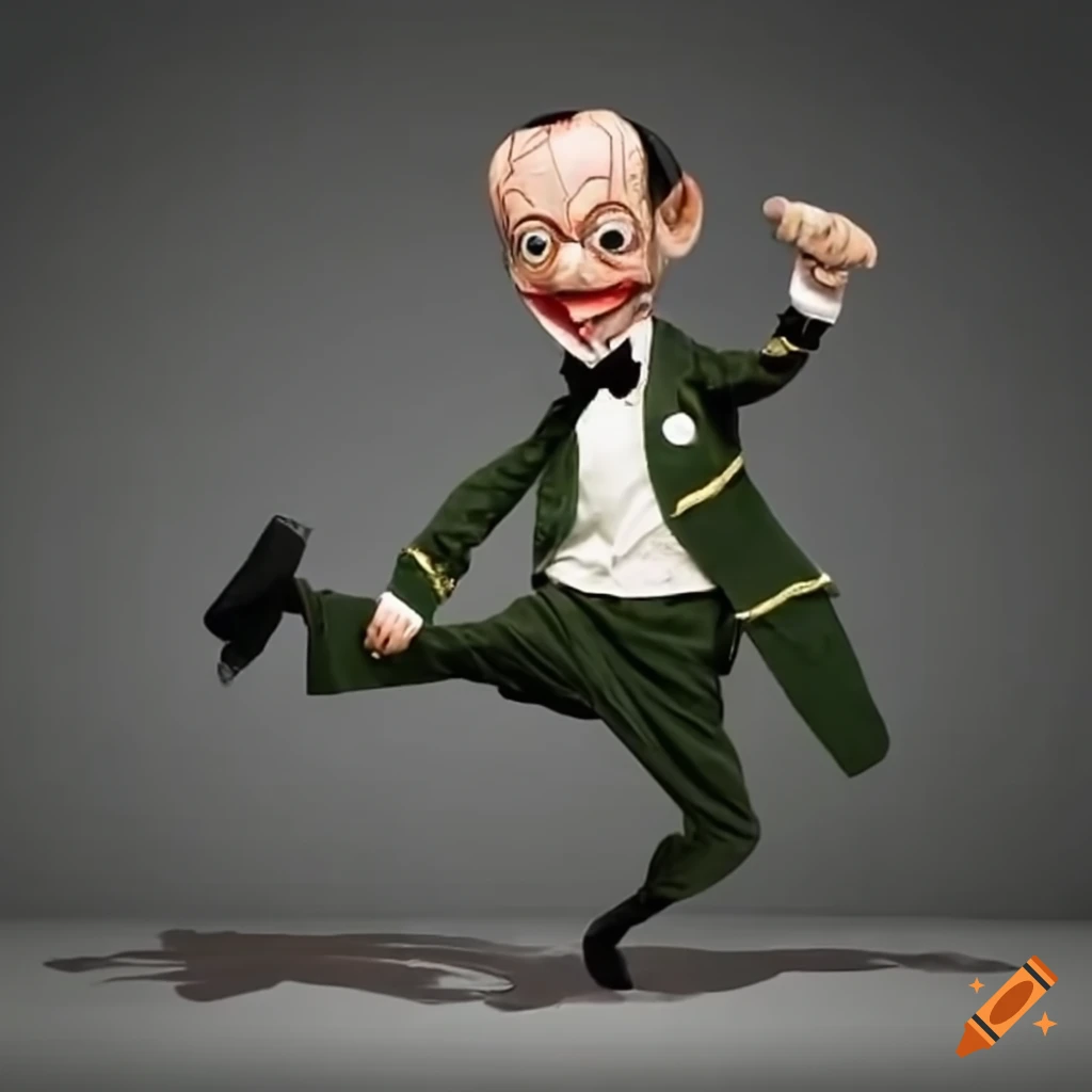 Intriguing military puppet performing tap dance inspired by Fred Astaire