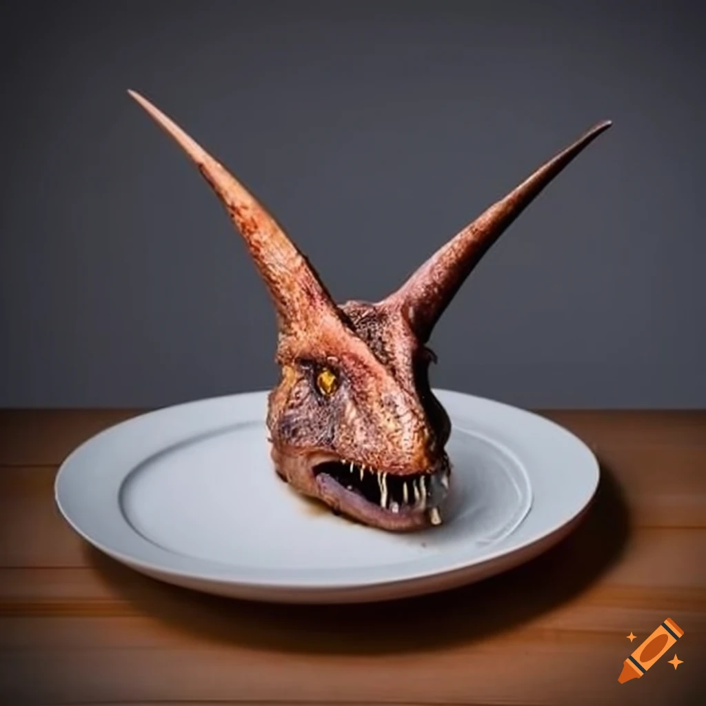 Cooked dinosaur head on a plate