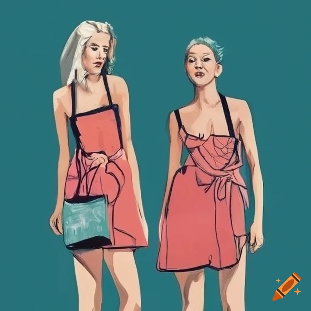 Two women with shoulder bags walking through an art exhibition in a graphic novel style