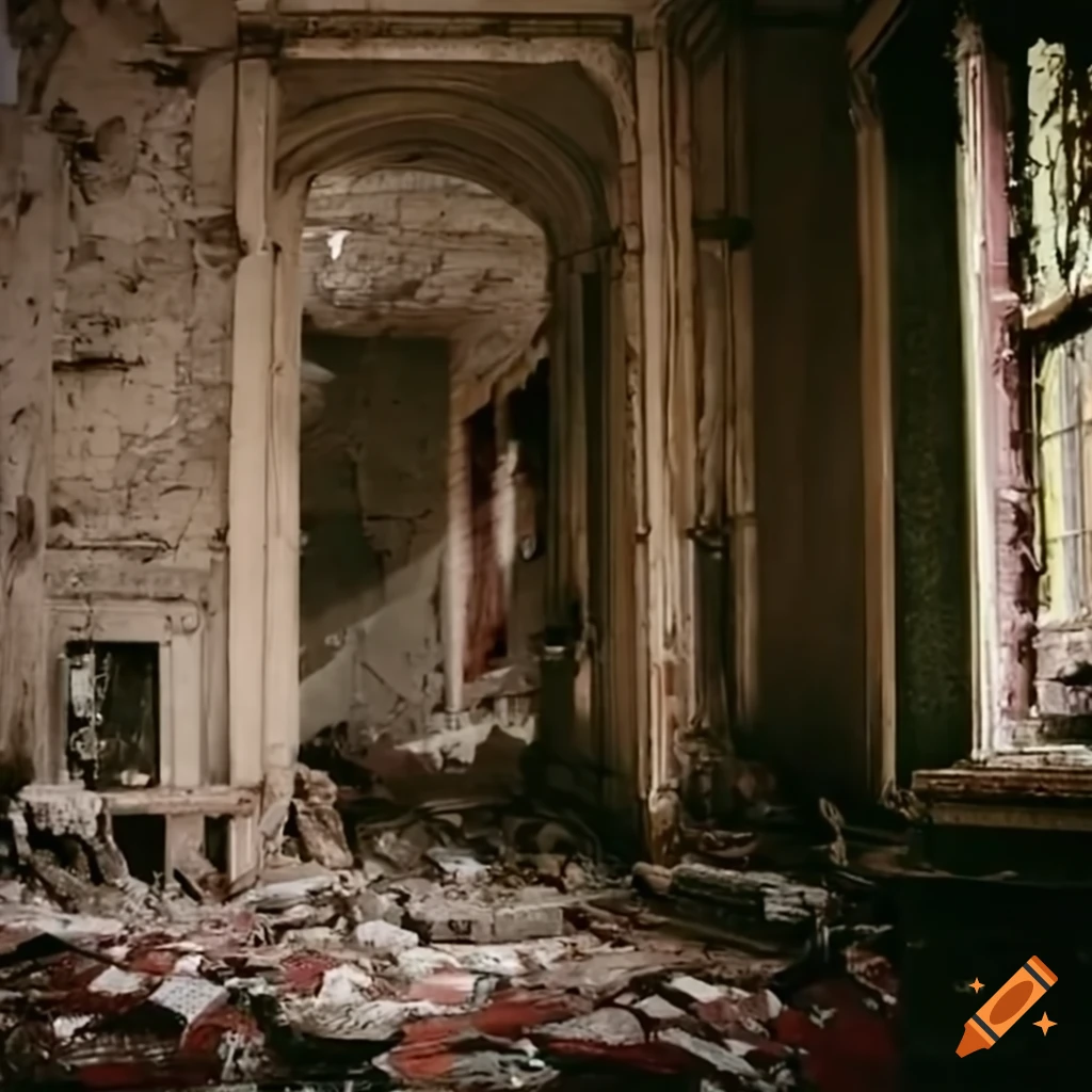 Bourgeois salon in ruins in a Godart film with a spider