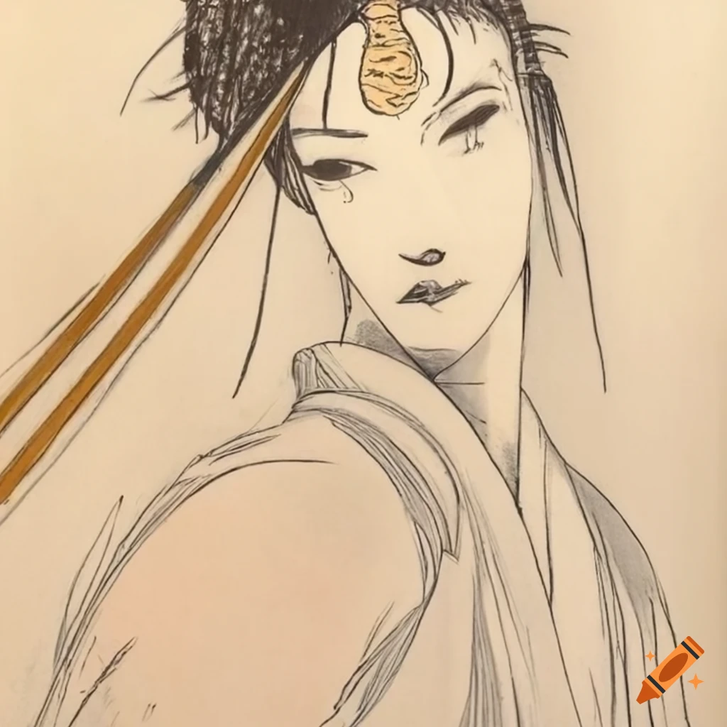 Kyokushin warrior in a bamboo forest at sunset in Yoshitaka Amano style