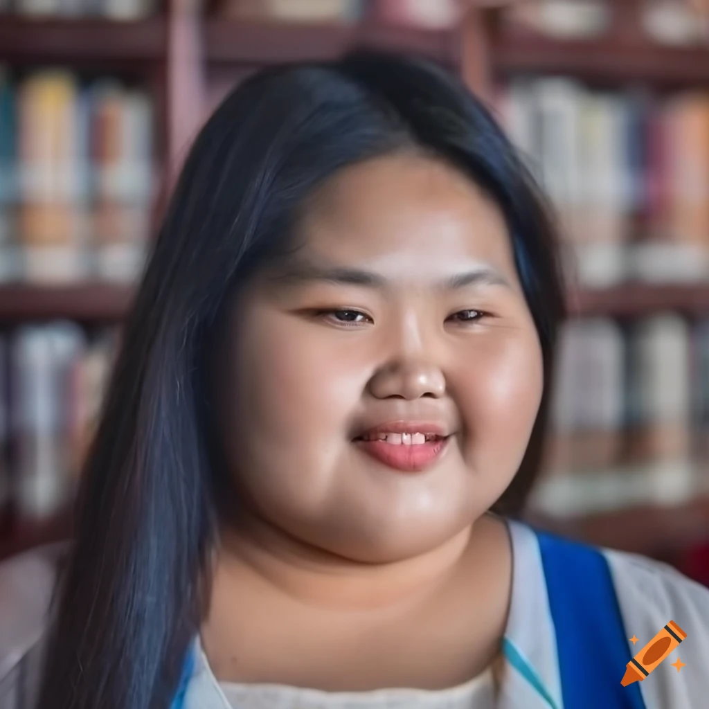Burmese woman with chubby face at a library